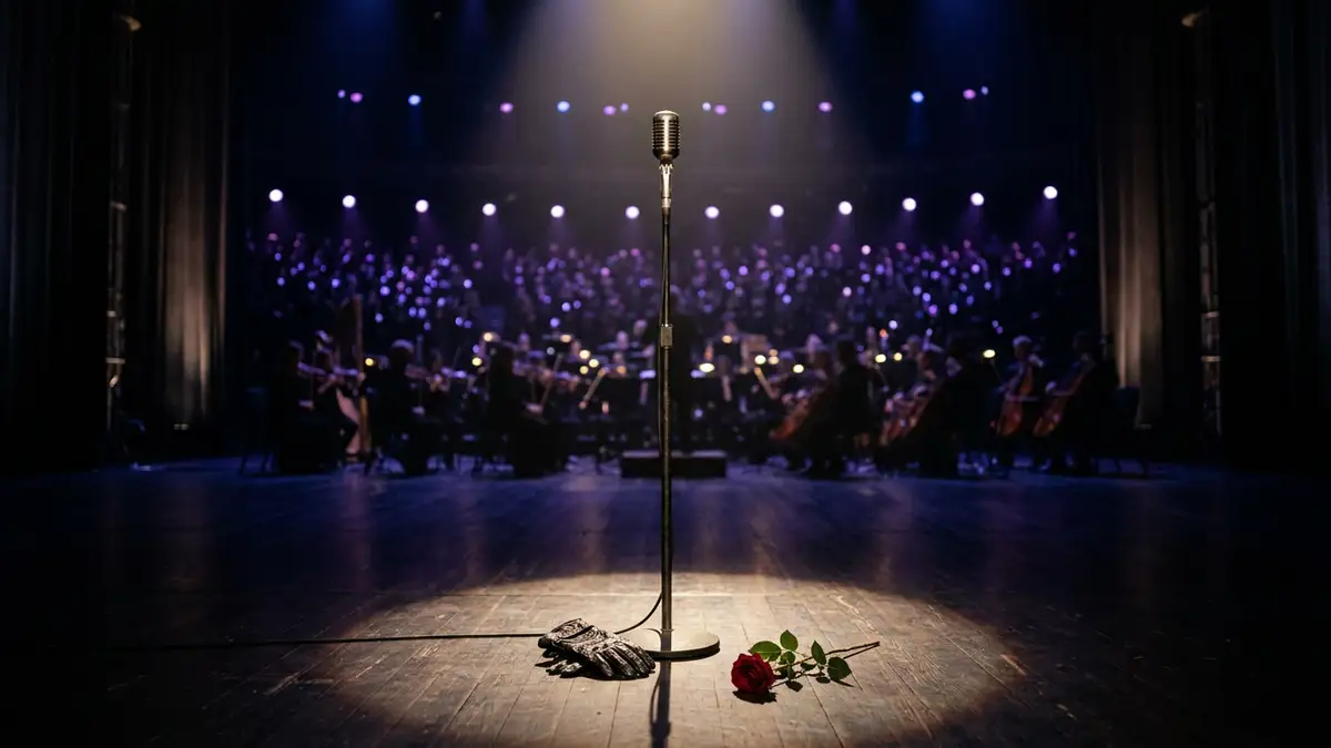 A single microphone stands under a spotlight on a dark stage with a red rose.
