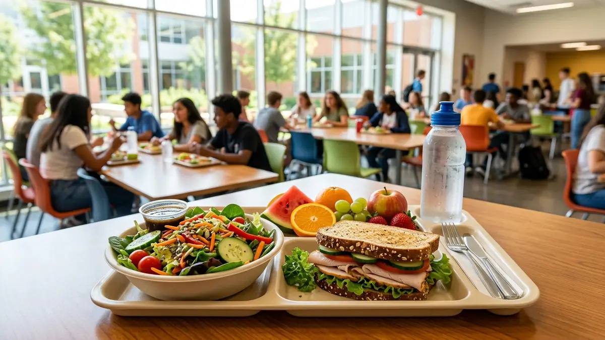 Healthy school lunch tray with salad, sandwich, and fruit in a bright cafeteria.