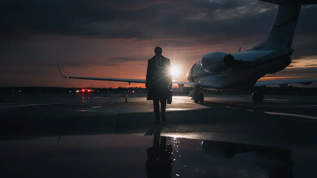 Silhouette of a diplomat walking towards a private jet at dusk.