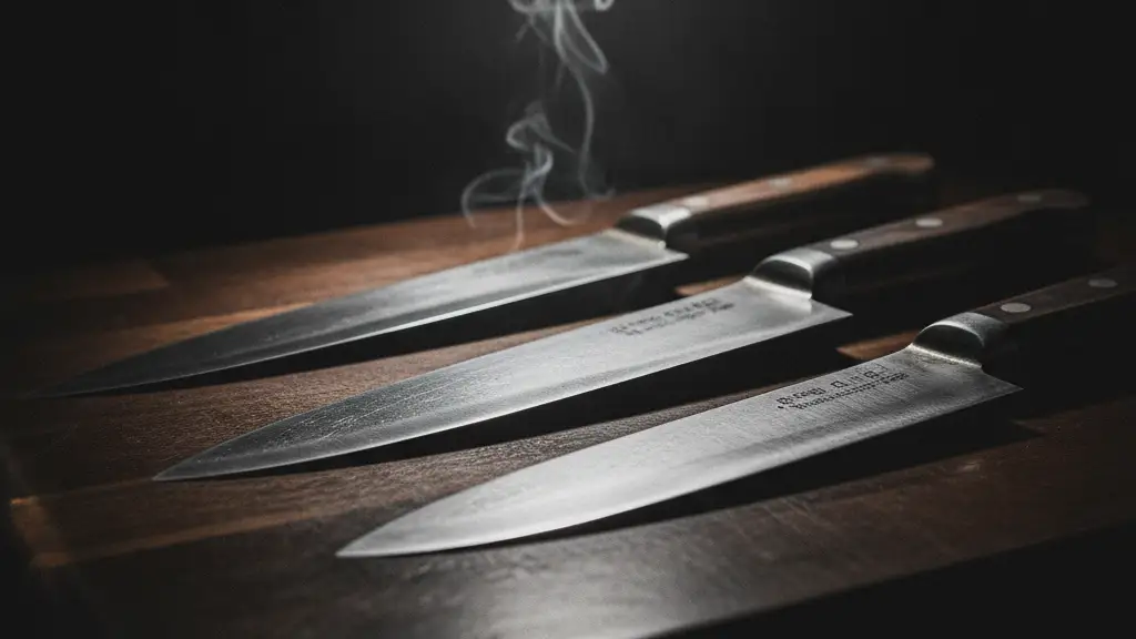Three chef's knives on a dark surface under a spotlight, suggesting culinary rivalry.