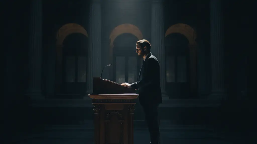 Silhouetted figure at a podium under a spotlight, suggesting a leadership transition.