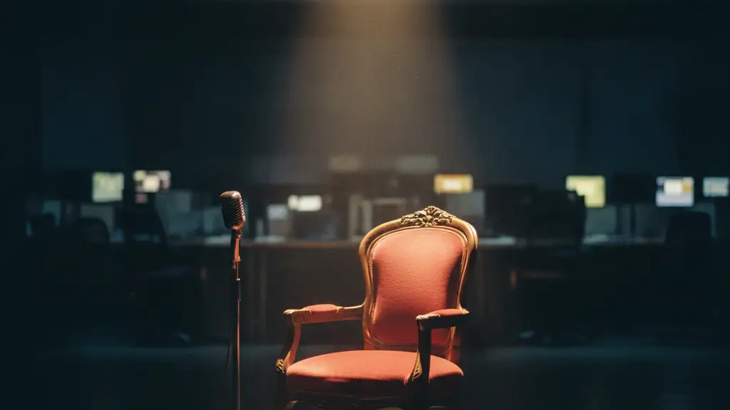 Empty television studio armchair under a spotlight, a silent microphone beside it.