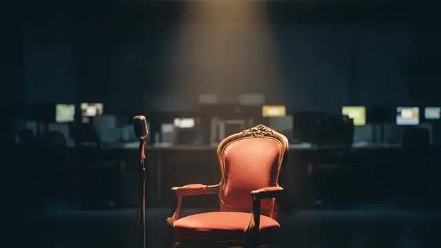 Empty television studio armchair under a spotlight, a silent microphone beside it.