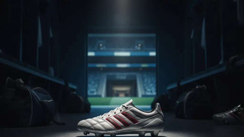A single football boot under a spotlight in a dark, moody locker room.