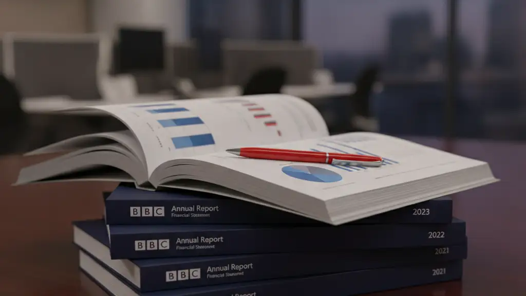 Stack of BBC annual reports on a desk with a red pen, blurred office background.