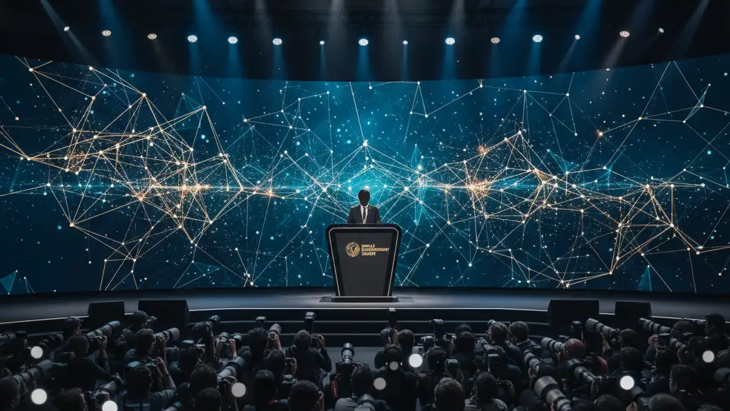A silhouette of a speaker at a podium during a global summit in Dubai.