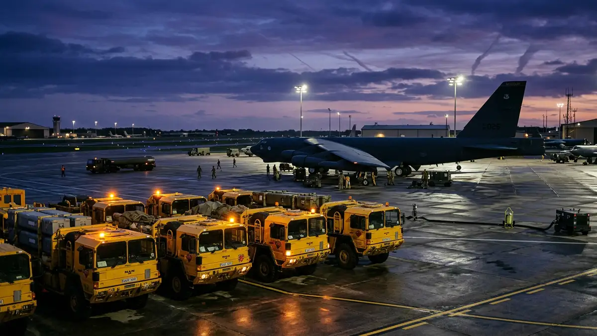 A strategic bomber silhouette parked on a military airfield tarmac under floodlights at dusk.