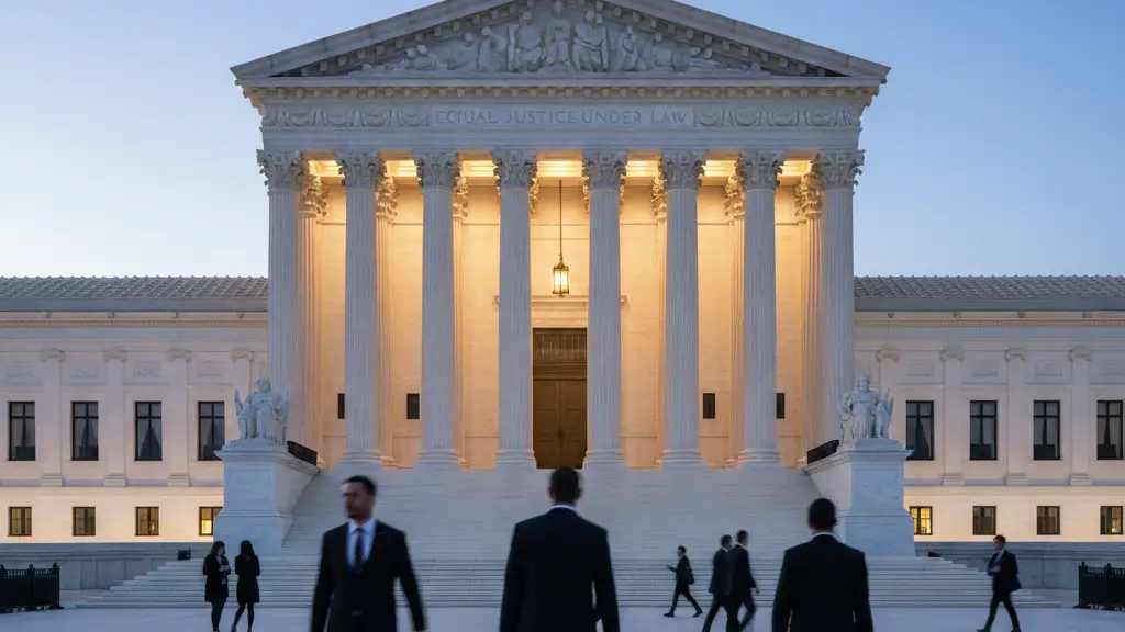 The United States Supreme Court building at dusk with the 'Equal Justice Under Law' inscription.