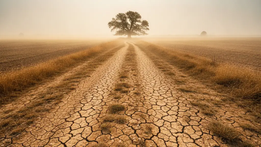 Heat haze shimmers above a parched, cracked earth path under a hazy sky.