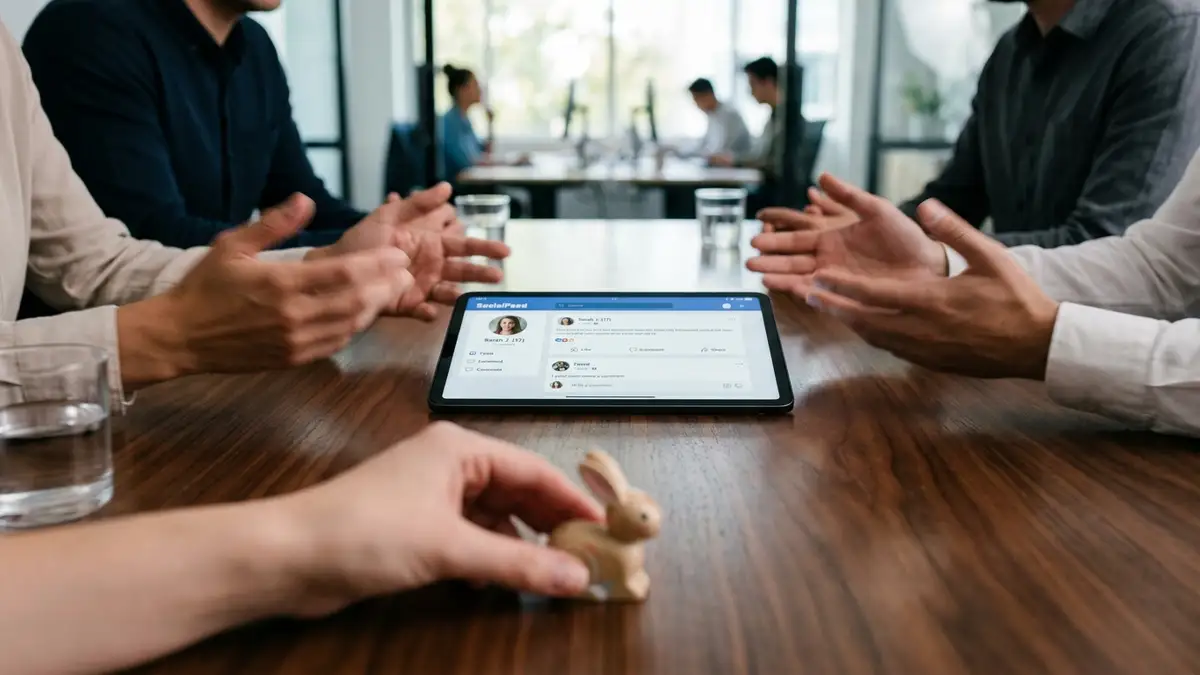 Blurred hands around a conference table with a tablet and a small toy.