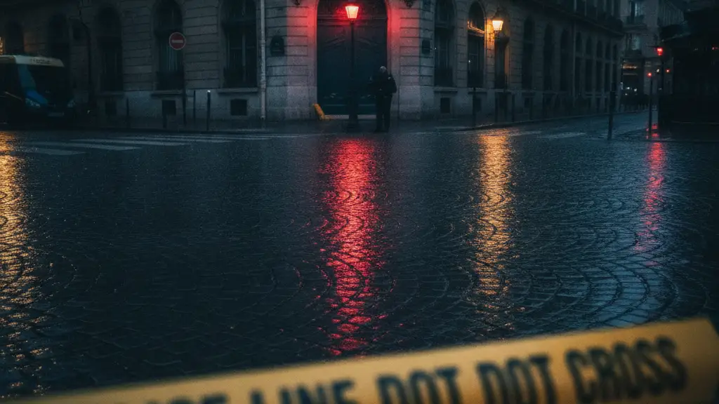 Police tape in foreground, blurred emergency lights reflecting on wet Parisian street.