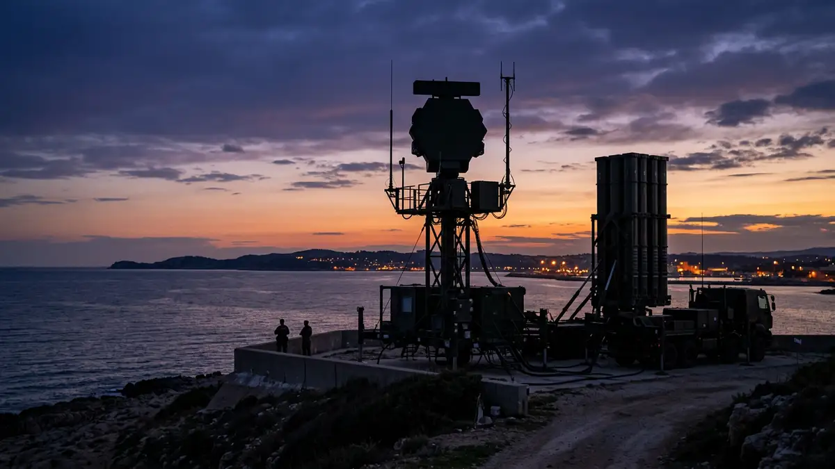 A French anti-missile system silhouette against a Mediterranean sunset near a coastal military base.