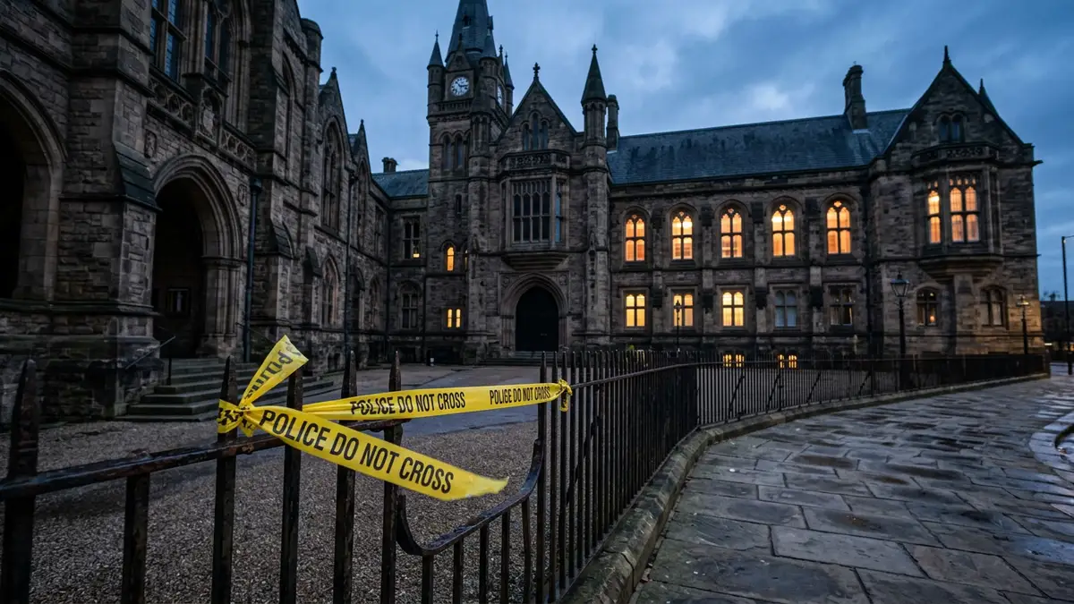 A courthouse exterior at dusk with yellow police tape in the foreground.