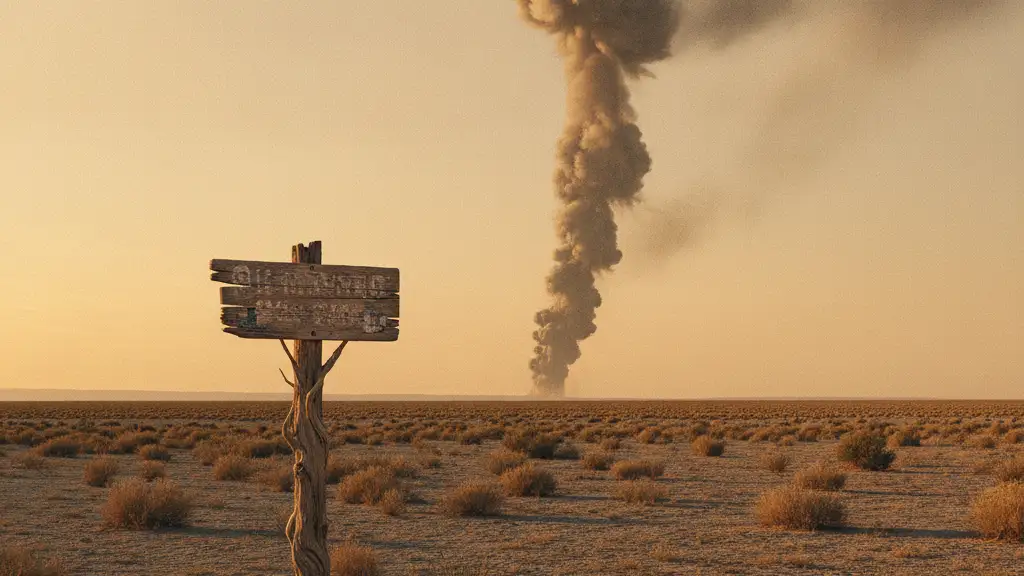 Distant smoke plume over arid landscape, a weathered signpost in the foreground.