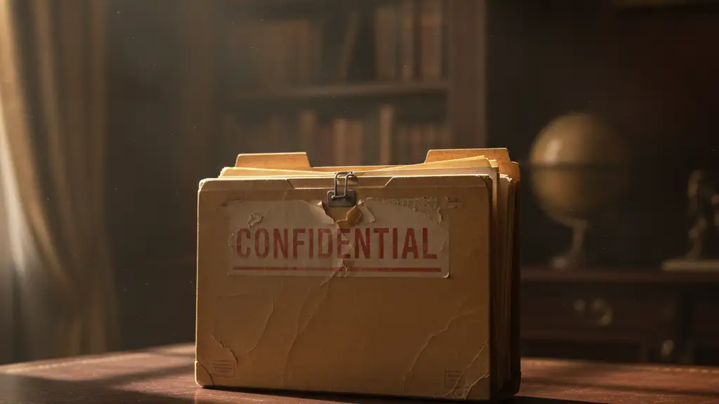 A thick, confidential file folder on a dark, polished mahogany desk.