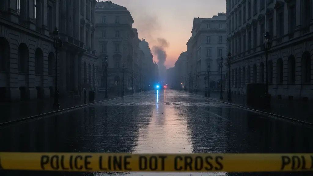 Wet city street at dawn, reflecting distant emergency lights, faint smoke in background.