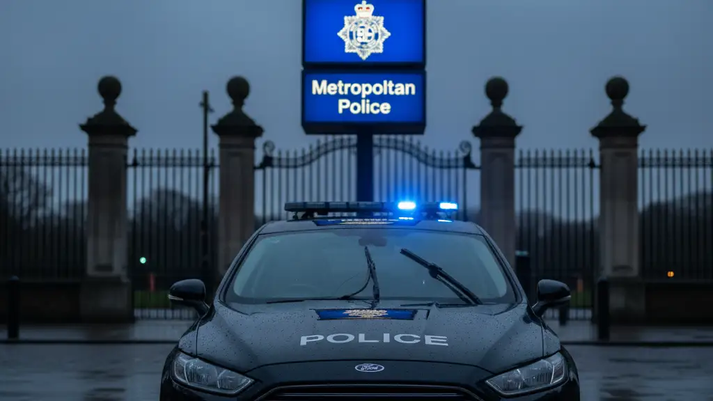 A Metropolitan Police sign and blue emergency lights reflecting on a vehicle at dusk.