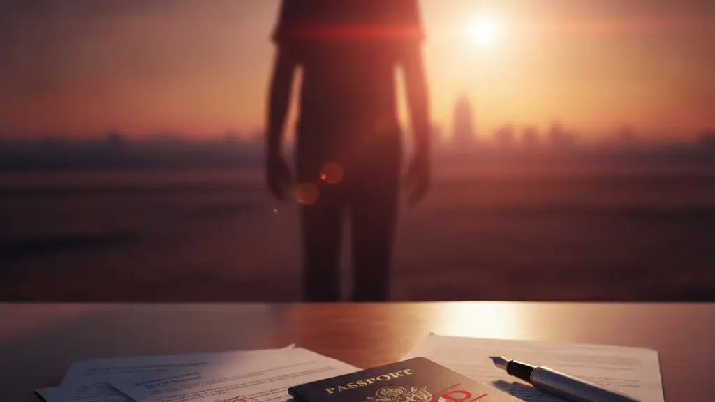 Blurred silhouette walking away, legal documents with 'VOID' stamp on a table.