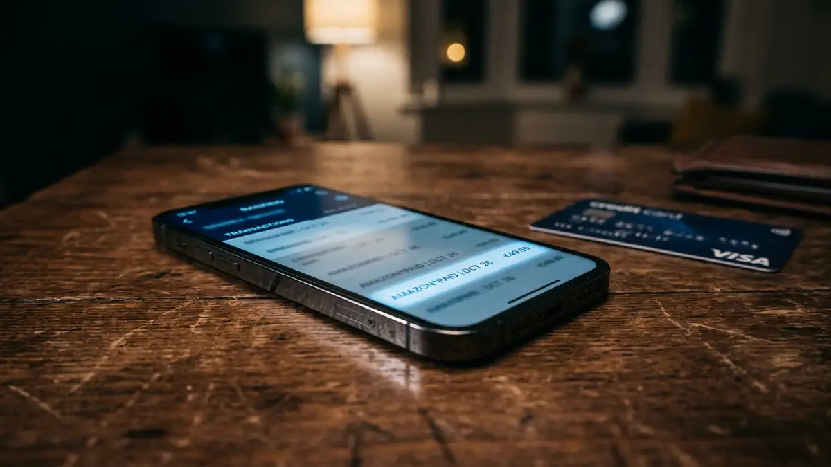 A glowing smartphone on a table displaying a blurred banking transaction list in a dark room.