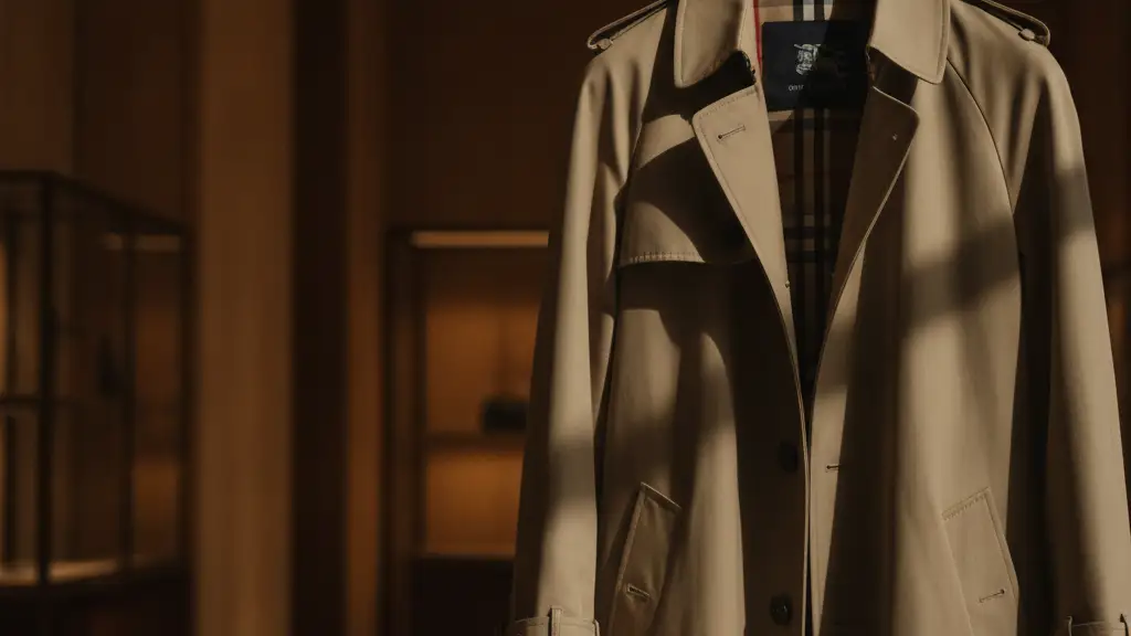 Iconic Burberry trench coat on a hanger in a luxurious, dimly lit store.