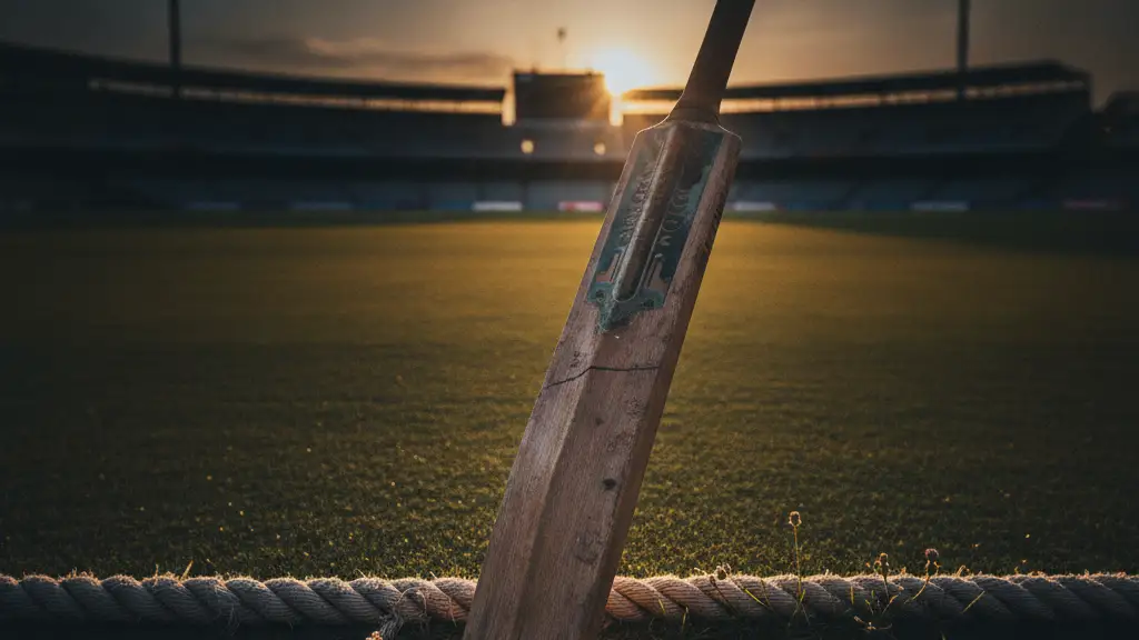 A lone vintage cricket bat rests against a boundary rope on an empty pitch at dusk.