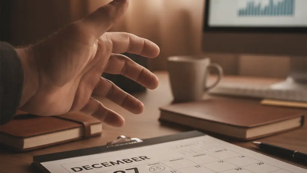 Weathered hand reaching for a calendar page showing the year 2037.