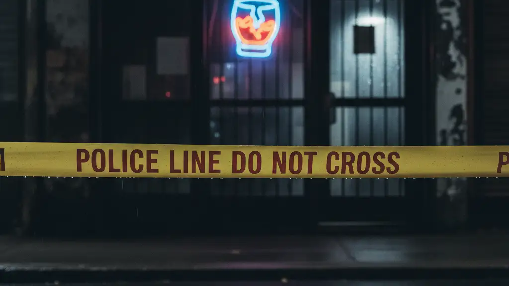 Yellow police tape in front of a closed bar entrance with a flickering neon sign.