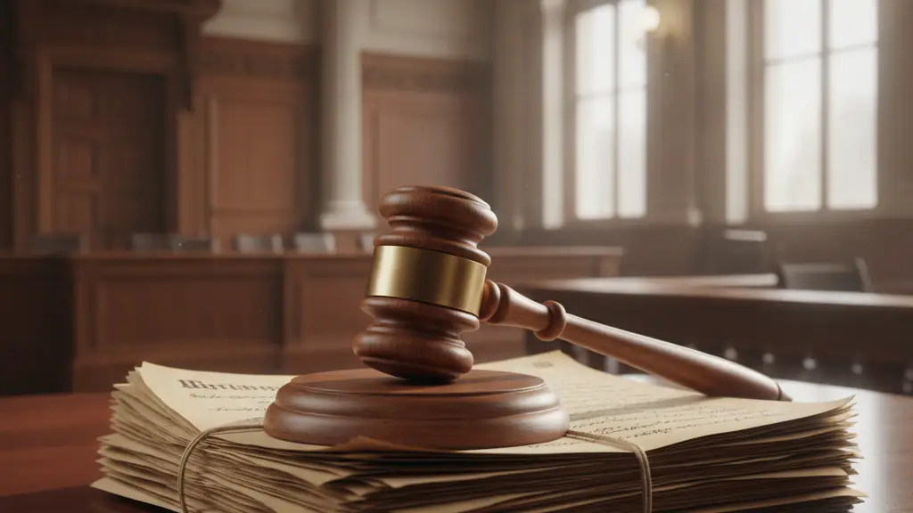 A legal gavel rests on documents on a dark wood desk inside a courthouse.