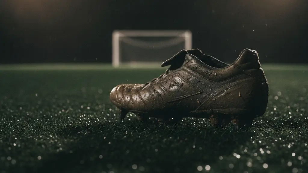 A single, muddy football boot on a wet, dark green football pitch.