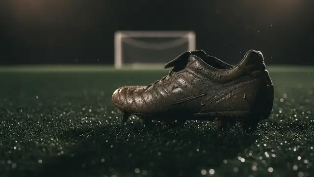 A single, muddy football boot on a wet, dark green football pitch.
