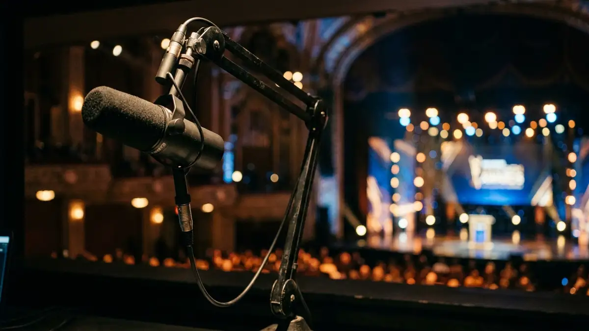 A broadcast microphone with blurred awards stage lights in the background.