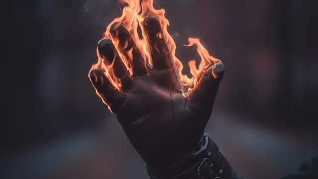 A gloved hand engulfed in ethereal orange and red flames against a dark background.