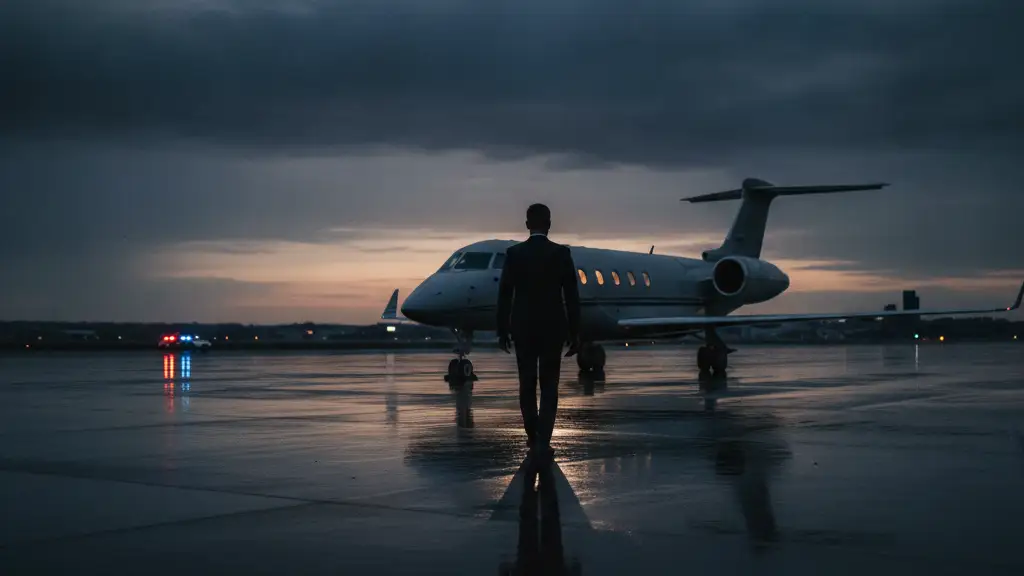 Silhouetted figure walking towards a private jet at dusk.