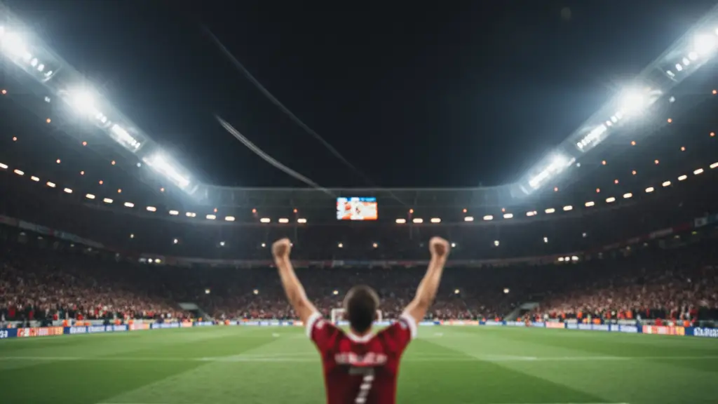 A silhouette of a football player celebrating in a stadium under bright lights.