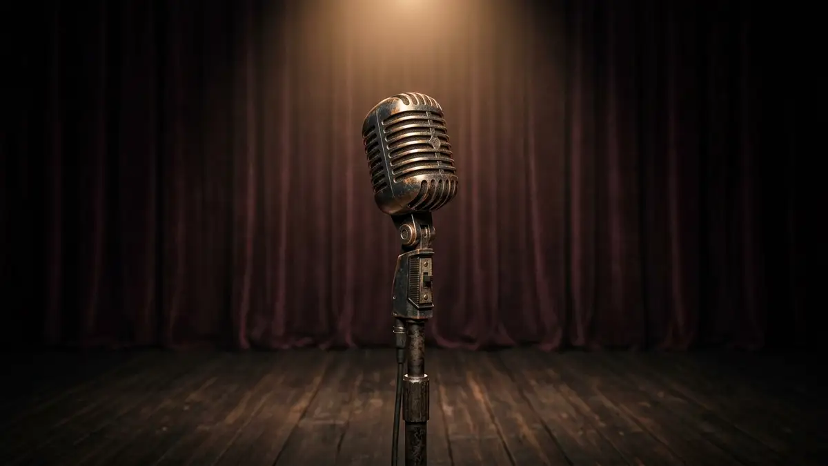 Vintage microphone on an empty, spotlighted stage, dark velvet curtain background.