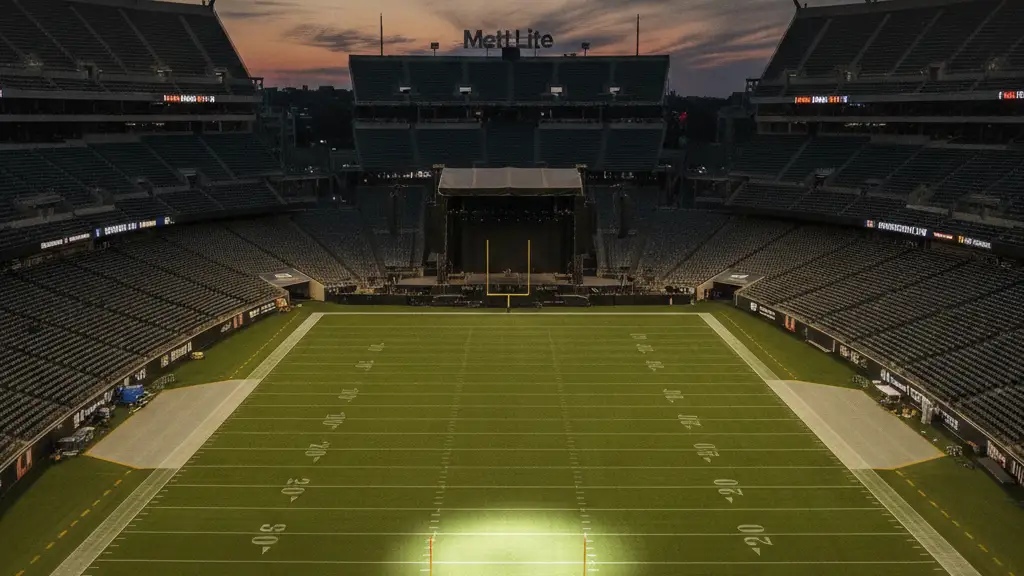 Empty MetLife Stadium at dusk, spotlight on the pitch, hinting at a grand event.