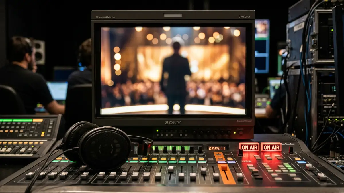 A broadcast monitor and audio console in a dark studio during a televised event.