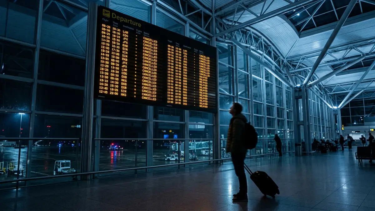 An airport departure board showing cancelled flights with a blurred traveler silhouette in the foreground.