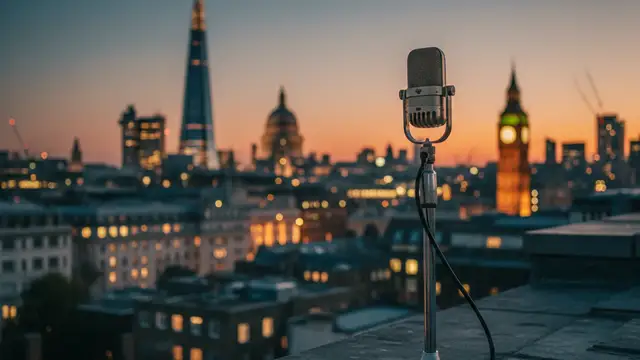 Empty vintage microphone stand on a London rooftop at dusk, city skyline blurred.