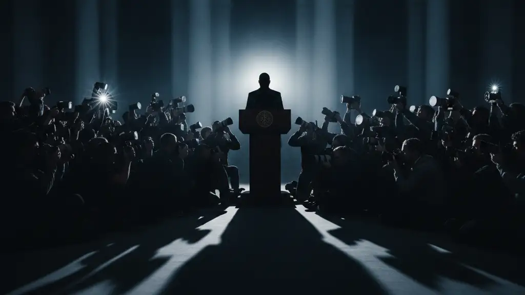 Silhouetted figure at a podium, surrounded by a chaotic swarm of paparazzi flashes.