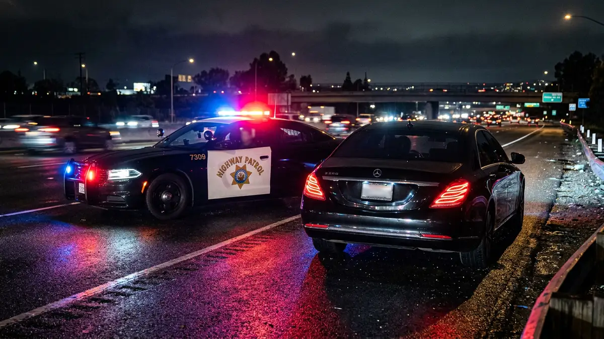 Flashing red and blue police lights reflect on a dark California highway at night.