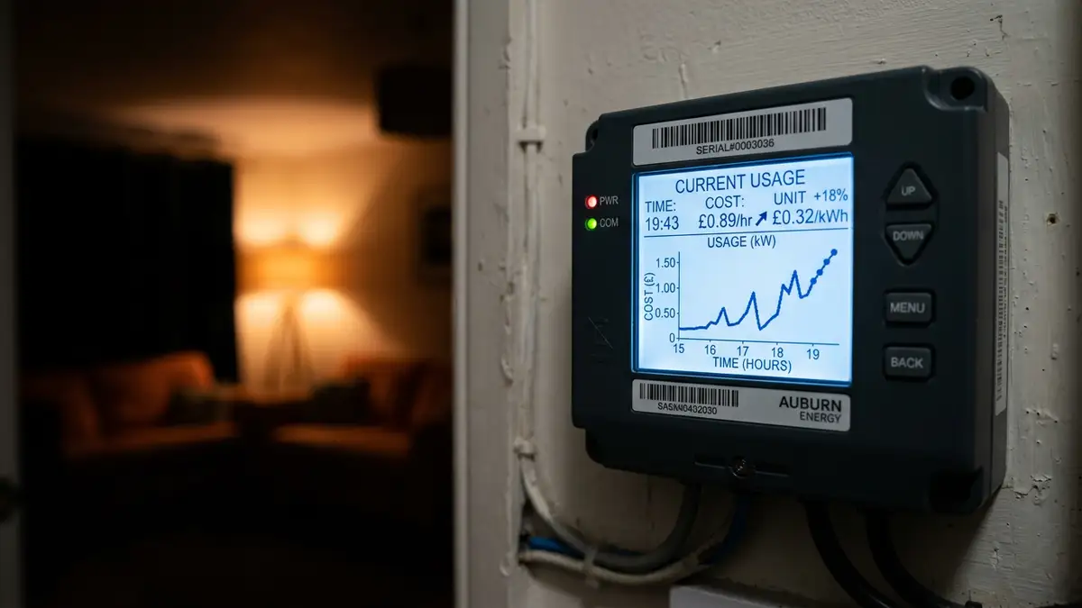 A digital energy smart meter showing a rising cost graph in a dimly lit room.