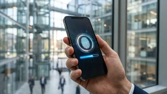 A person holding a smartphone displaying a secure biometric fingerprint icon for digital identity verification.