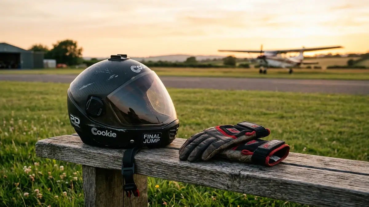A skydiving helmet and gloves resting on a wooden bench at an airfield at sunset.