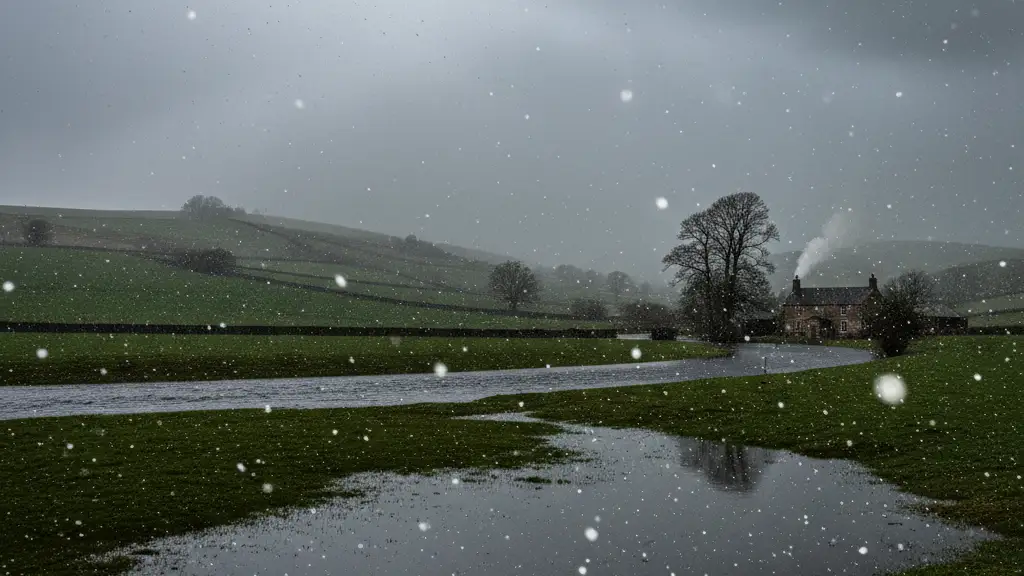 A flooded river bank in the British countryside under a dark, snowy blizzard sky.