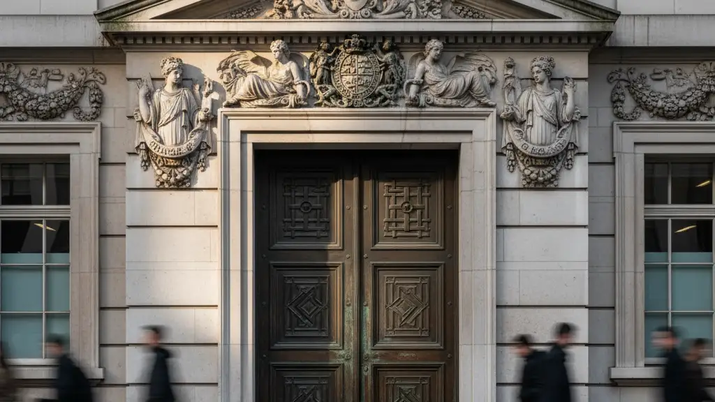 The stone exterior and bronze doors of the Bank of England in London.