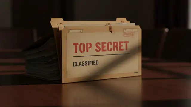 Top secret file folder on a dark wooden table, reflecting a blurred Union Jack.