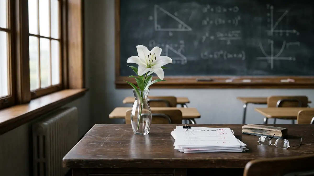 A white lily and spectacles on a teacher's desk in a quiet, sunlit classroom.