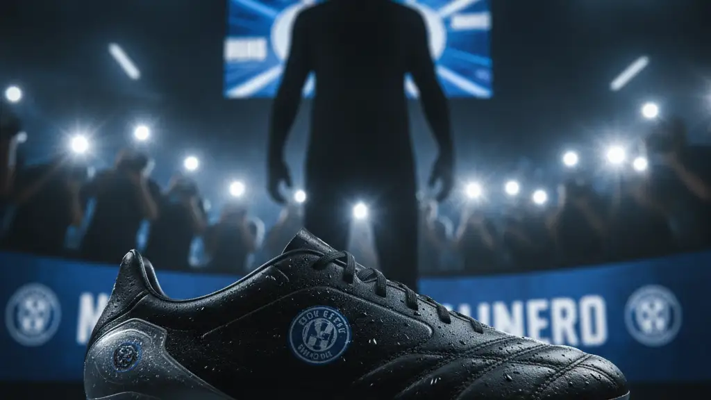 A close-up of a football boot with a team crest, surrounded by blurred camera flashes.