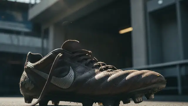 Close-up of a football boot with dramatic lighting, suggesting a player's presence.
